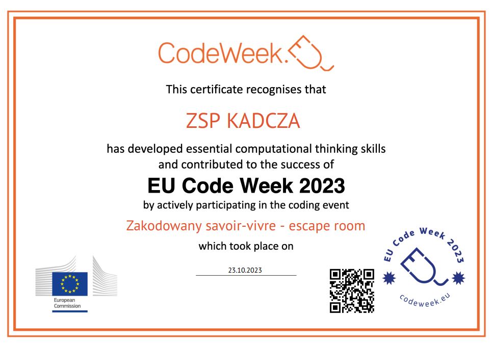 Certyfikat dla ZSP Kadcza EU Code Week 2023