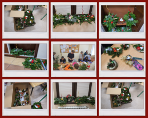 Kolaż dziewięciu zdjęć ilustrujących wykonane przez uczniów stroiki świąteczne. Na środkowym zdjęciu grupa uczniów przygotowujących stroiki.