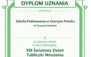 Dyplom uznania dla szkoły za udział w Światowym Dniu Tabliczki Mnożenia