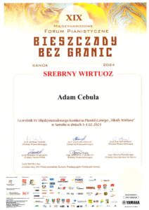 Dyplom srebrnego wirtuoaza ucznia Adama Cebuli