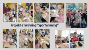Kolaż zdjęć przedstawiających dzieci z przedszkola oraz klasy III przygotowujące zakładki do książek o tematyce sportowej