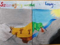 Praca konkursowa - rysunek podzielony na dwie części - suchy las i żywy las; hasło: Szanujmy wodę i lasy