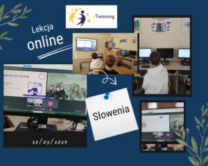 Kolaż zdjęć przedstawiających wspólną lekcję online uczniów klasy 7 z Kadczy z rówieśnikami ze Słowenii