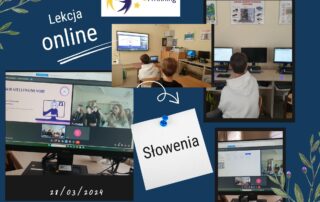 Kolaż zdjęć przedstawiających wspólną lekcję online uczniów klasy 7 z Kadczy z rówieśnikami ze Słowenii