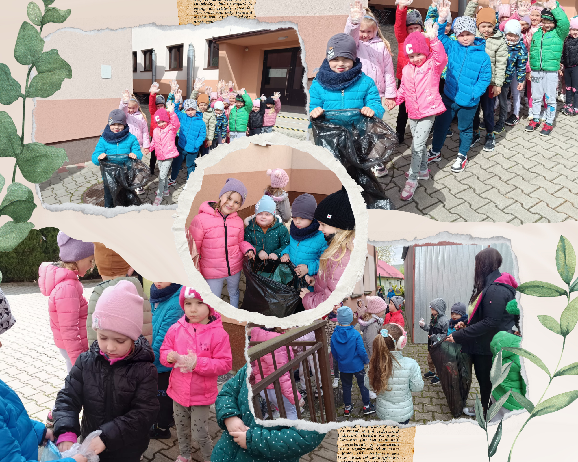 Kolaż zdjęć prezentujących grupę dzieci przedszkolnych sprzątających teren wokół budynku szkoły