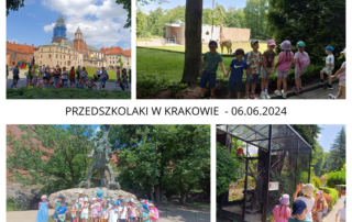 Kolaż zdjęc przedstawiający wycieczkę grupy przedszkolaków i ich rodziców do Krakowa