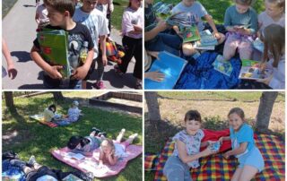 Kolaż zdjęć prezentujący uczniów podczas "Czytania na polanie"