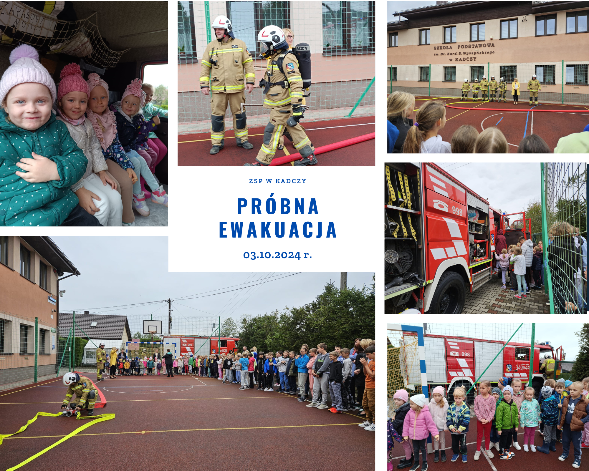 Kolaż zdjęć przedstawiających próbną ewakuację dzieci przedszkolnych i uczniów