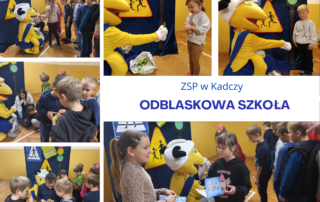 Kolaż zdjęć przedstawiający dzieci klas 1-3 oraz przedszkolaków podczas spotkania z maskotką mrówką