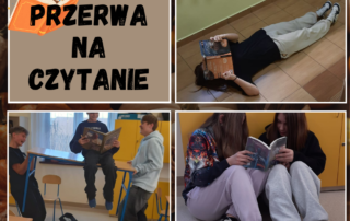 Kolaż zdjęć przedstawiający uczniów podczas akcji " Przerwa na czytanie