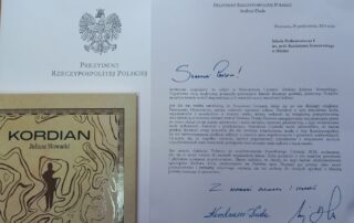 List od Prezydenta RP oraz pamiątkowy egzemplarz lektury "Kordian"