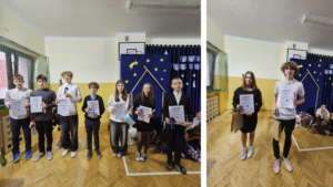 Dziewięciu nagrodzonych w konkursie uczniów, odbierających dyplomy i nagrody na sali gimnastycznej