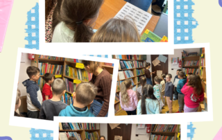 Kolaż zdjęć z uczniami klasy I i panią bibliotekarką.