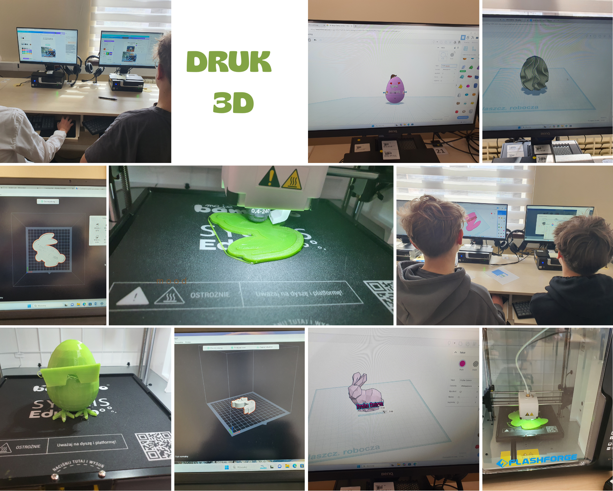 Kolaż zdjęć przedstawiający uczniów oraz świąteczne prace 3D