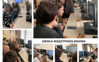 Kolaż zdjęć przedsawiający uczniów klasy 6 i ich dziadków podczas warsztatów w sali komputerowe
