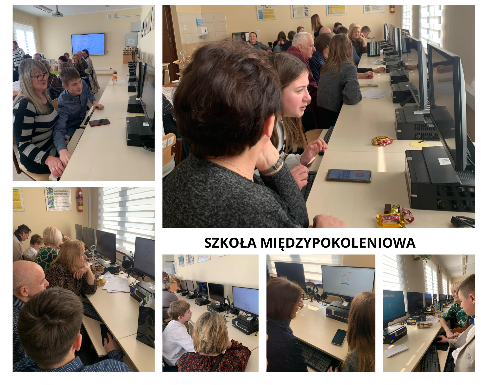 Kolaż zdjęć przedsawiający uczniów klasy 6 i ich dziadków podczas warsztatów w sali komputerowe