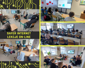Kolaż pięciu zdjeć - uczniowie klasy 4, 5, 6, 7 i 8 podczas lekcji on-line prowadzonej przez Safer Internet