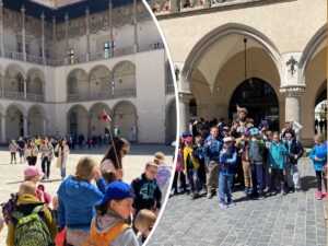 Kolaż zdjęć uczniów na Wawelu.