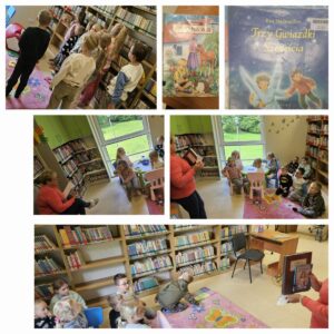 Kolaż zdjęć z wizyty dzieci w bibliotece.