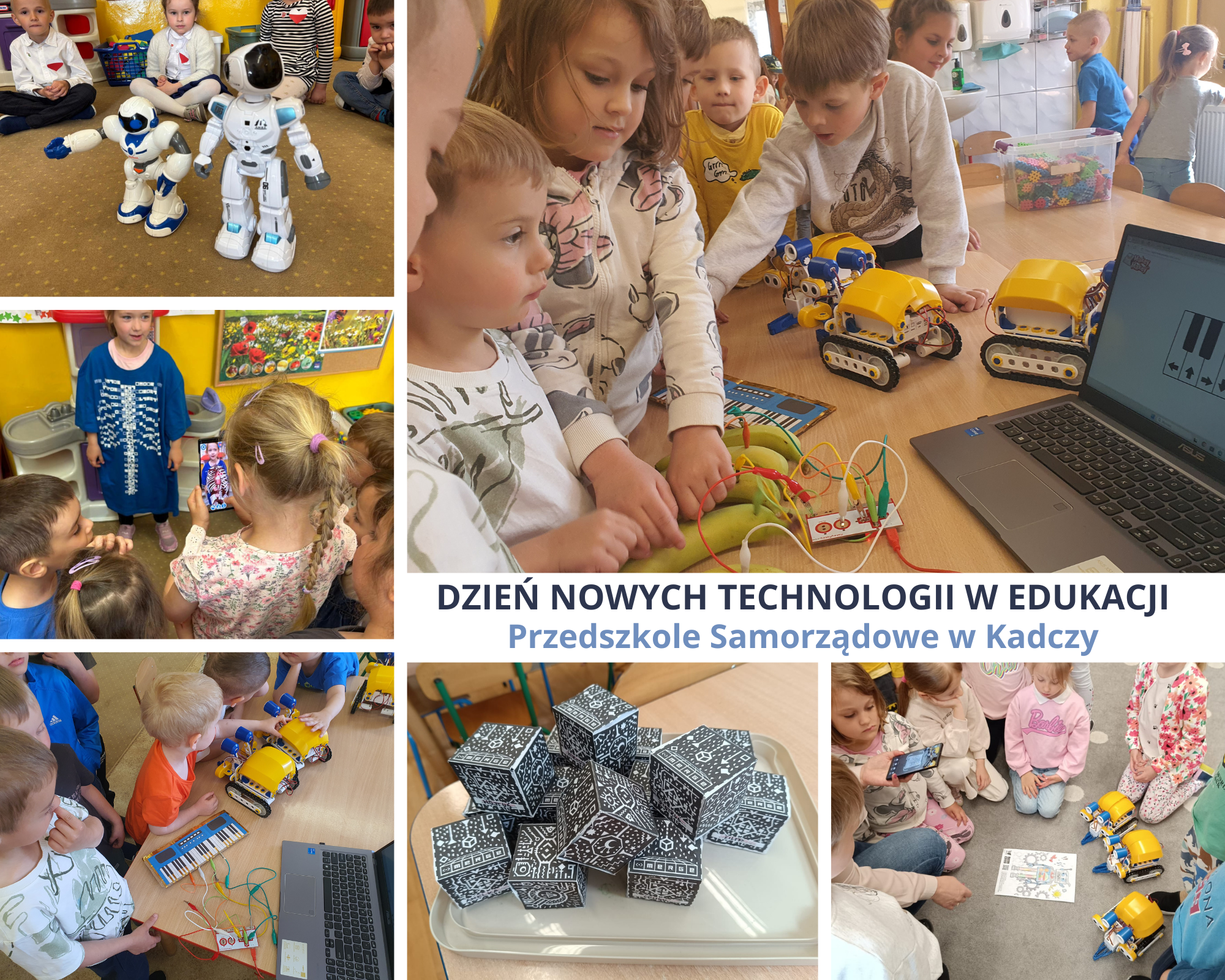 Kolaż zdjęć przedstawiający przedszkolaków podczas aktywności z nowinkami technicznymi