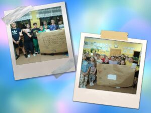 Uczniowie z plakatami, które wykonali podczas spotkania integracyjnego.