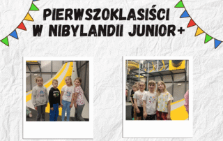 kolaż zdjęć przedstawiający uczniów klas 1 z ZSP w Kadczy oraz ZSP w Jazowsku podczas wspólnego wyjazdu do sali zabaw Nibylandia Junior
