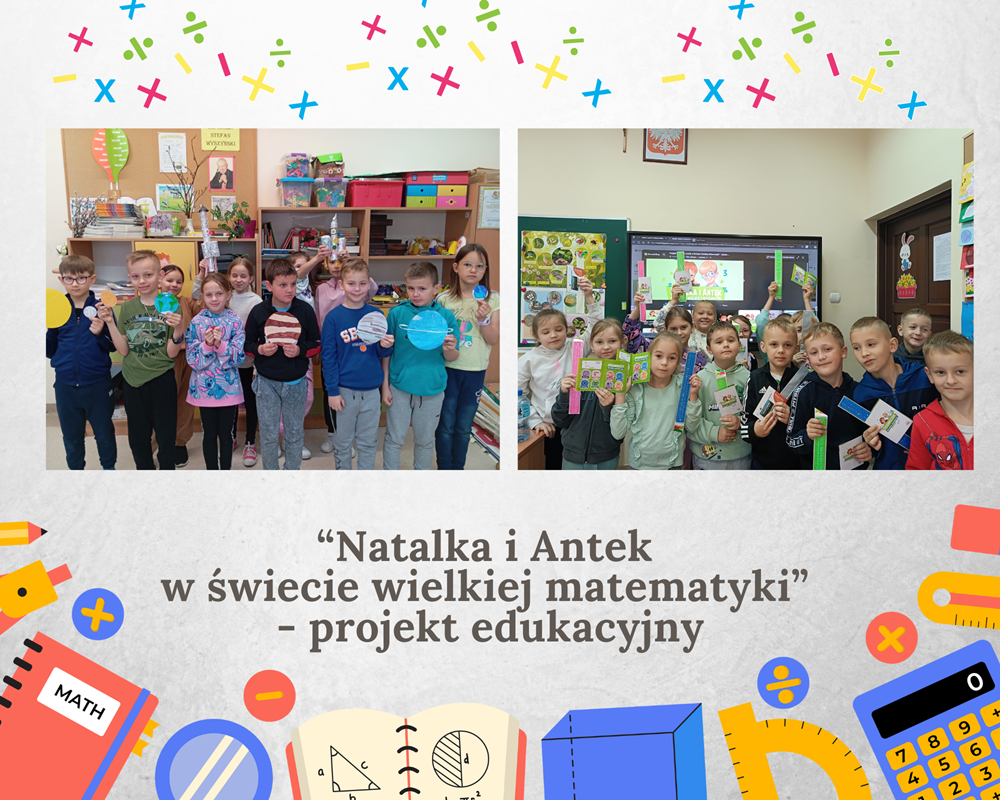 uczniowie klas 1 i 3 biorący dział w programie " Natalka i Antek w świecie wielkiej matematyki"
