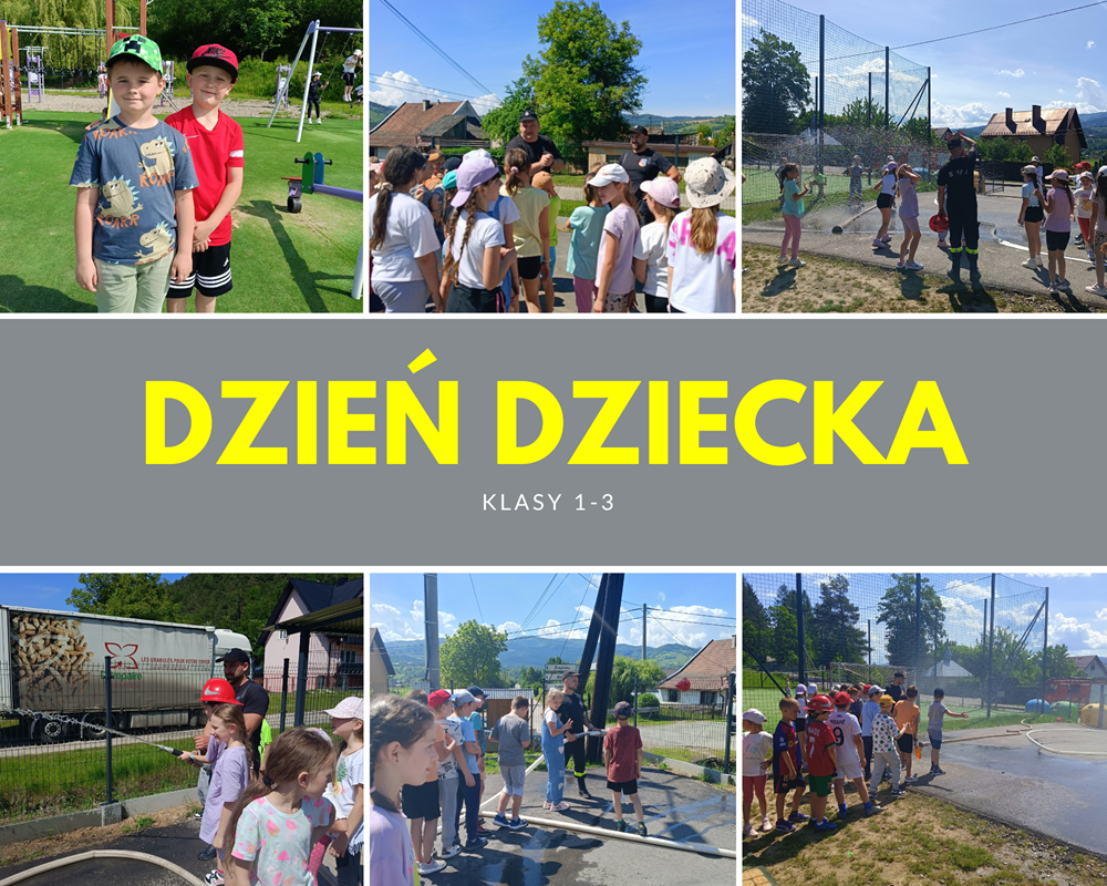 Kolaż zdjęć przedstawiający przebieg dnia Dziecka uczniów klas 1-3