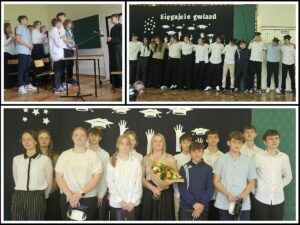 Kolaż zdjęć z zakończenia szkoły przez klasę ósmą.