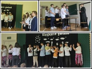 Kolaż zdjęć z pożegnania klasy ósmej.