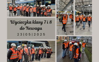 Uczniowie klas VII i VIII podczas zwiedzania hali produkcyjnej, oglądania nowoczesnych pociągów i spotkania z pracownikami firmy NEWAG.