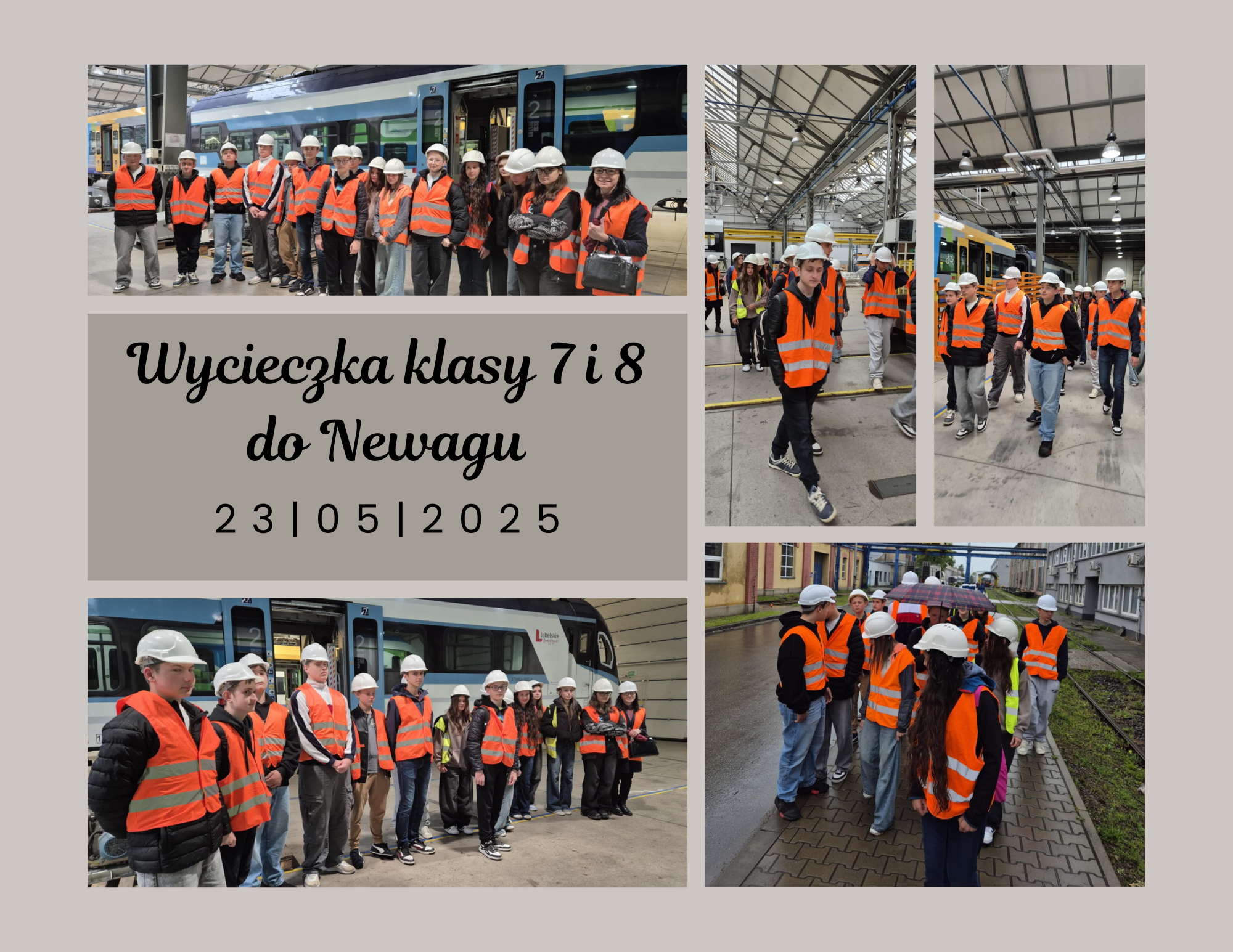 Uczniowie klas VII i VIII podczas zwiedzania hali produkcyjnej, oglądania nowoczesnych pociągów i spotkania z pracownikami firmy NEWAG.