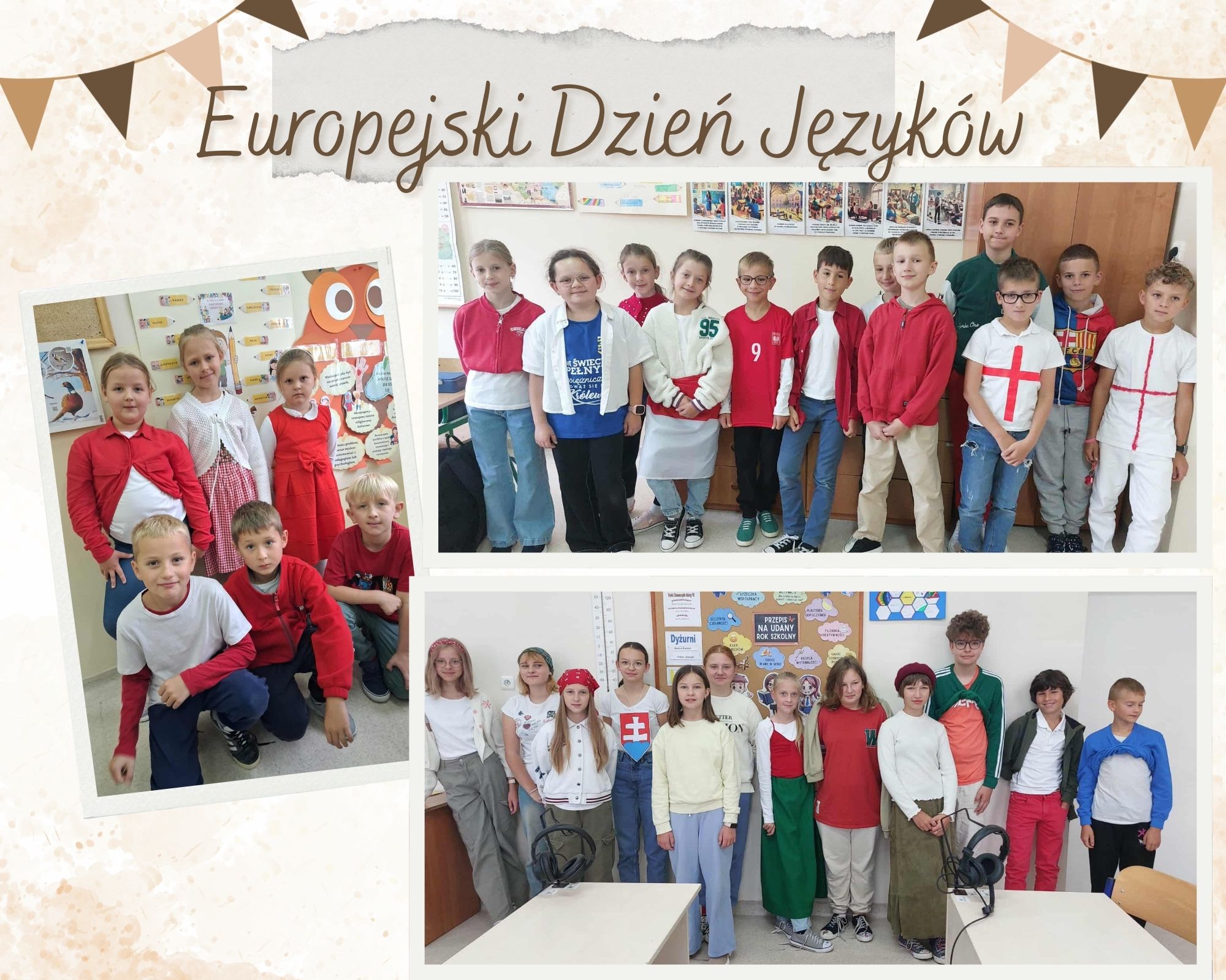 Uczniowie ubrani w barwy wybranych flag - kolaż zdjęć klasowych kl. 2, 4 i 6