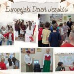 Kolaż 6 zdjęć z aktywności uczniów podczas przerw na korytarzu: taniec do muzyki wybranych państw, oglądanie mapy z flagami