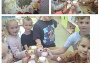 Kolaż zdjęć uczniów kl. I podczas zdrowego tygodnia.