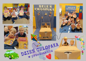 Kolaż ze zdjęć przedstawiających aktywności dzieci podczas Dnia Chłopaka