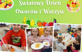 Kolaż przedstawiający uczniów podczas obchodów Światowego Dnia Owoców i Warzyw
