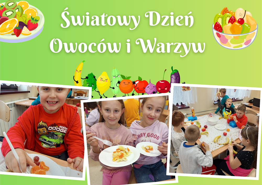 Kolaż przedstawiający uczniów podczas obchodów Światowego Dnia Owoców i Warzyw