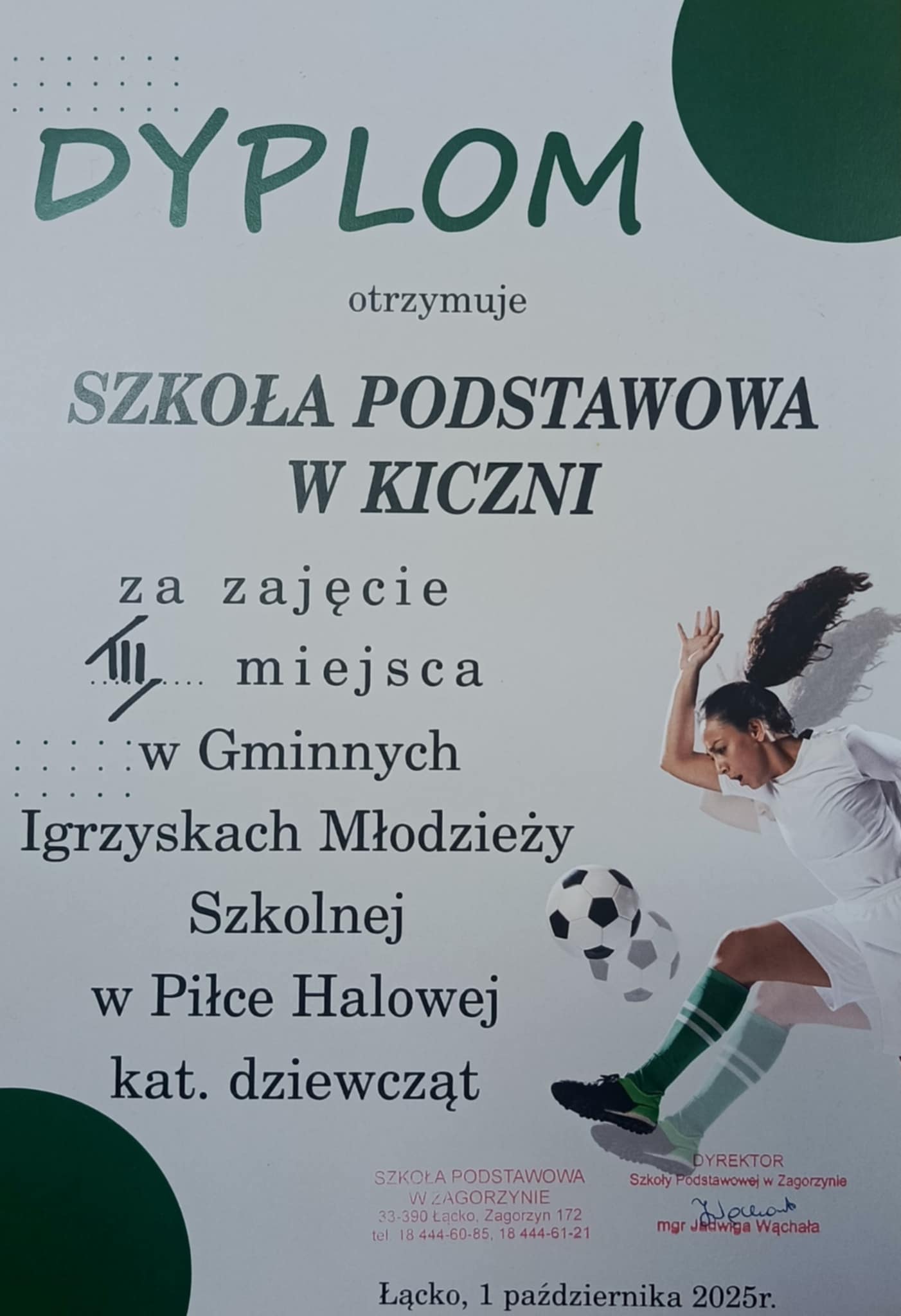 Dyplom za zdobycie III miejsca w Halowej Pi艂ce No偶nej dziewcz膮t