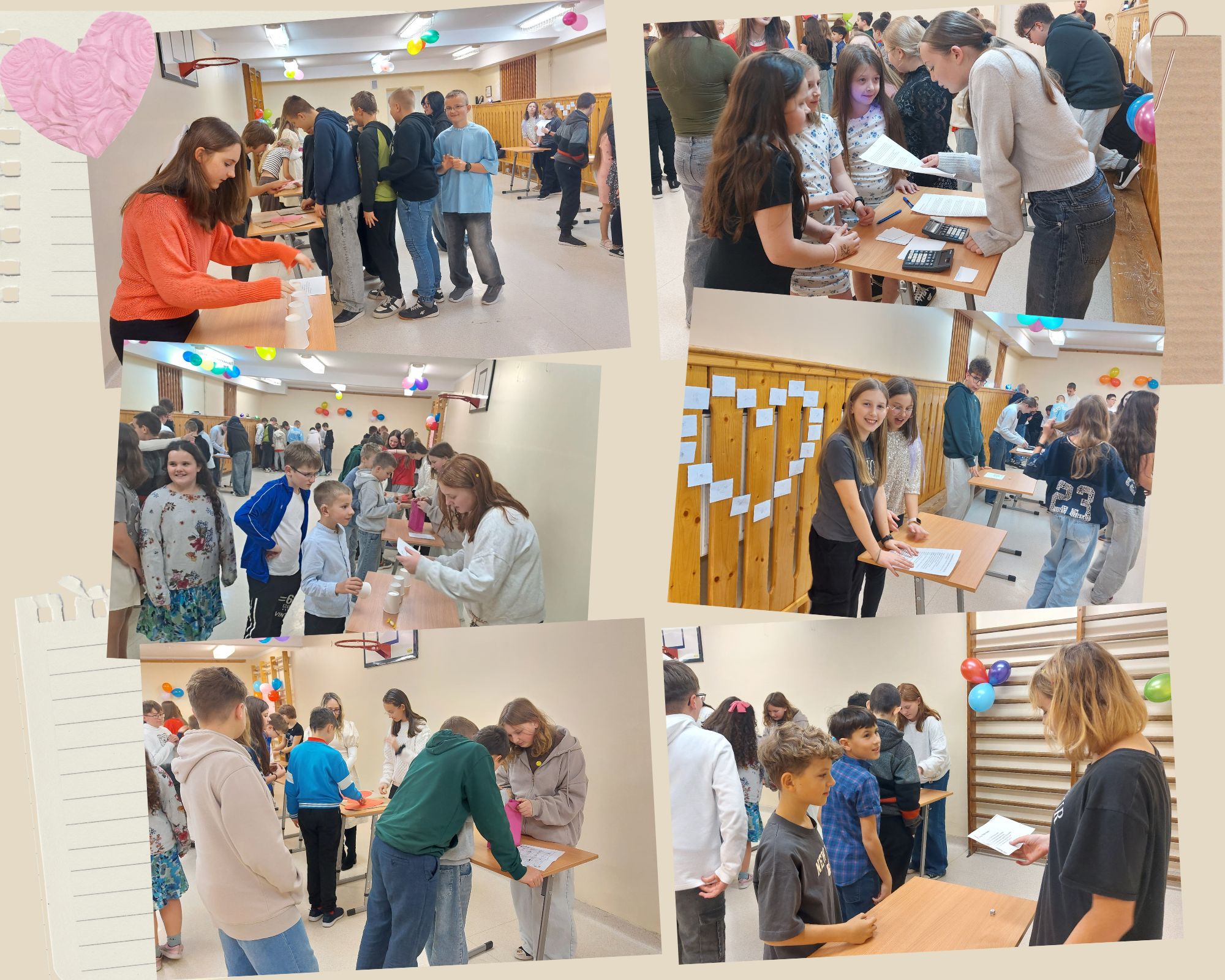 Kolaż 6 zdjęć - uczniowie podczas wróżb andrzejkowych