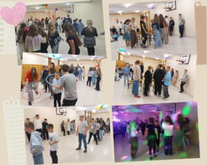 Kolaż 6 zdjęć - uczniowie podczas zabaw integracyjnych, tańców