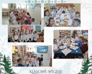 Kolaż pięciu zdjęć - wigilia w kl. 2, 3, 4 i 5