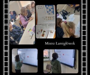 Kolaż 5 zdjęć, przedstawiających dzieci (lub prace) podczas zajęć Mistrz Łamigłówek