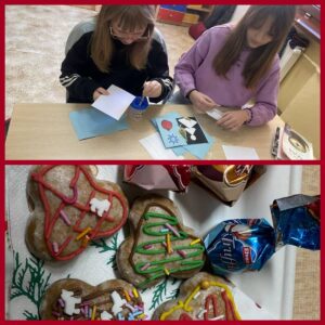 Uczniowie podczas przygotowania upominków dla mieszkańców Obidzy.