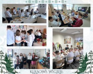 Kolaż pięciu zdjęć - wigilia w kl. 6, 7, 8