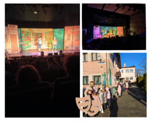 Kolaż zdjęć przedstawiajacych aktywności podczas wyjazdu na spektakl
