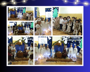 Kolaż zdjęć przedstawiający przedszkolaków podczas jasełek