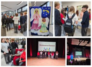 Kolaż zdjęć przedstawiających uczniów klasy 8 podczas dnia wolontariusza