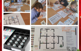 Kolaż zdjęć przedstawiający pracujące z Ozobotem