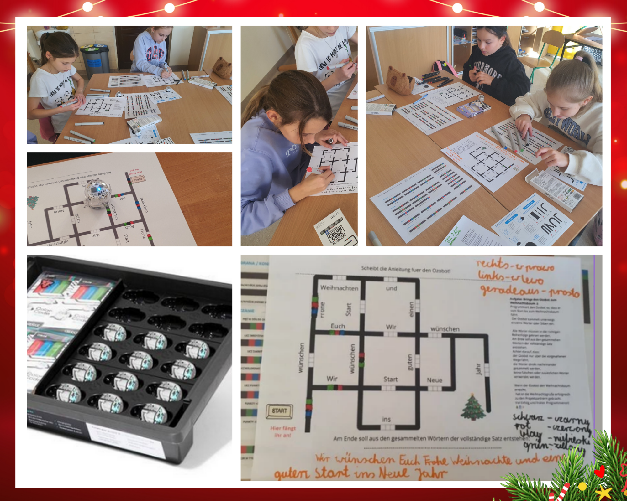 Kolaż zdjęć przedstawiający pracujące z Ozobotem